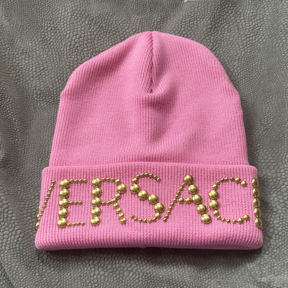 Versace Pink Beanie with Gold Detailing